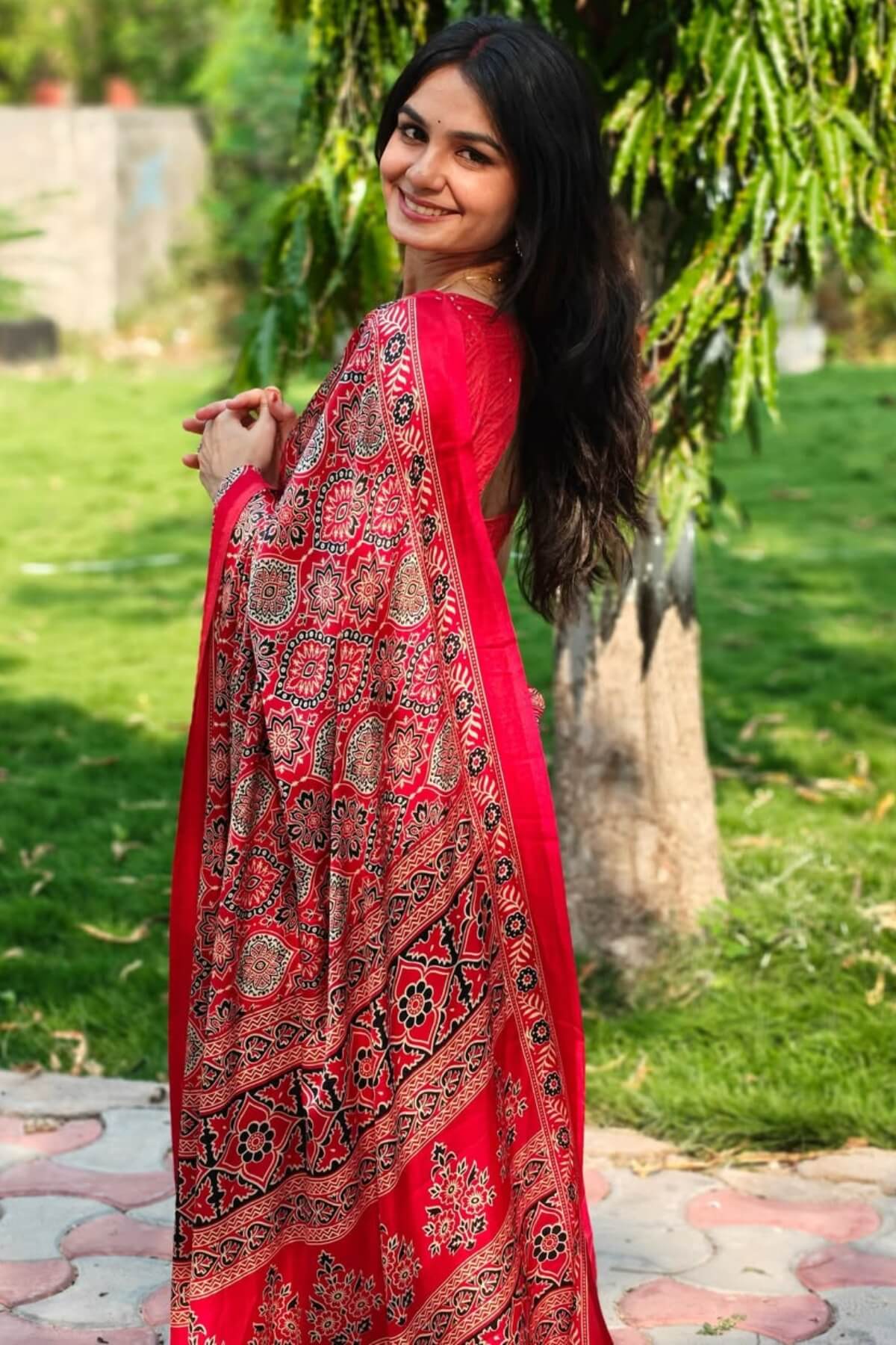 Panache Red 1 Minute Ready To Wear Digital Printed Crape Silk Saree