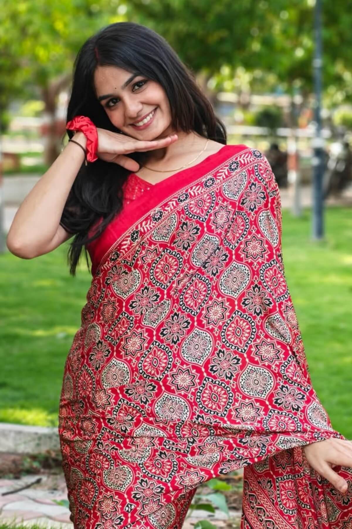 Panache Red 1 Minute Ready To Wear Digital Printed Crape Silk Saree