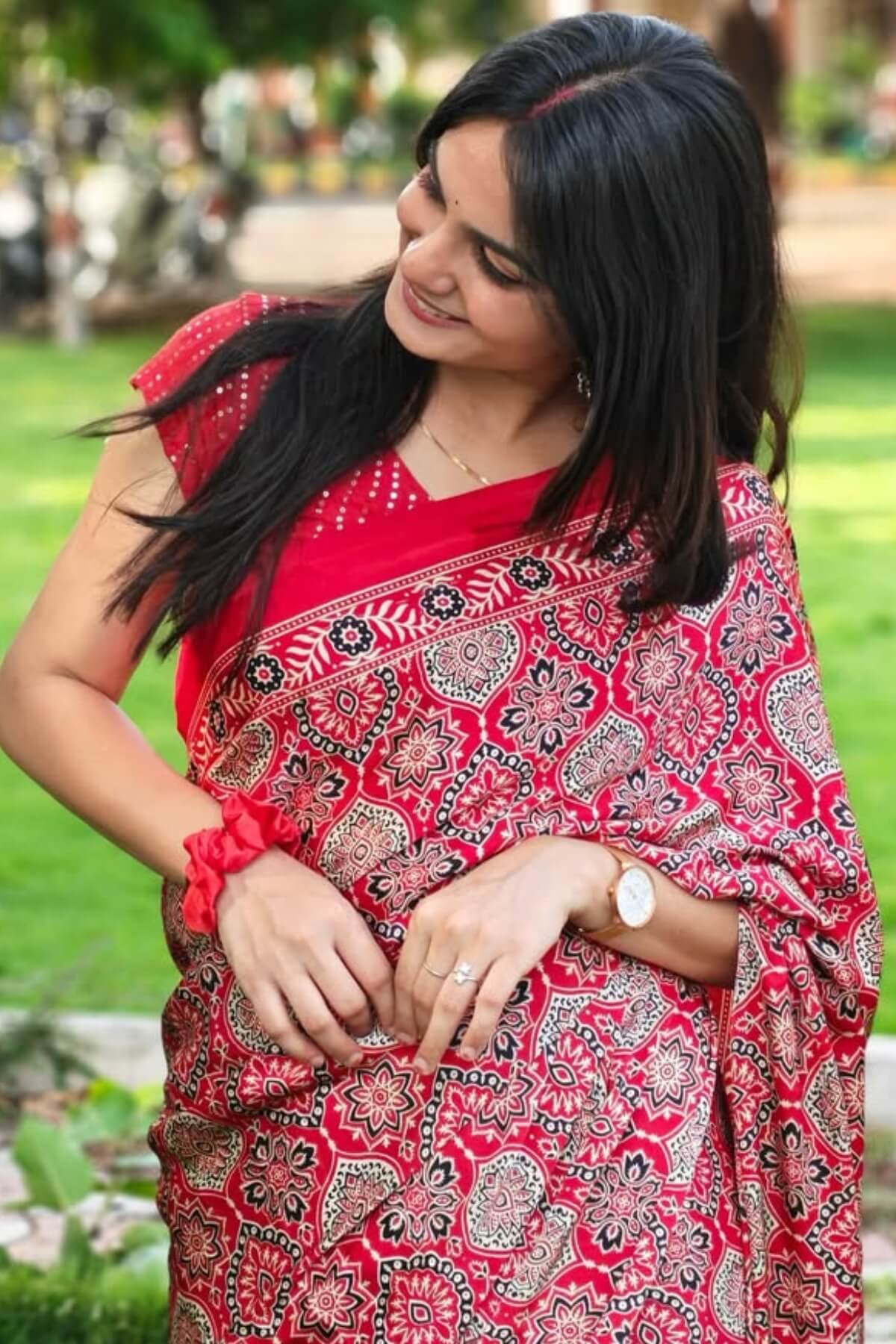 Panache Red 1 Minute Ready To Wear Digital Printed Crape Silk Saree