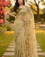 Capricious Beige Fancy Silk Embroidery Work Saree With Stitched Blouse