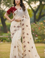 Dissemble Off White Fancy Silk Embroidery Work Saree With Stitched Blouse