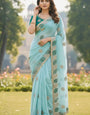 Ravishing Sky Fancy Silk Embroidery Work Saree With Stitched Blouse