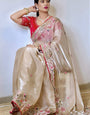 Classic Beige Embroidery Work Jimmy Choo Silk Saree With Grandiose Blouse Piece