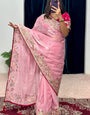 Mellifluous Pink Embroidery Work Jimmy Choo Silk Saree With Scrumptious Blouse Piece