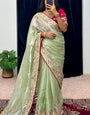 Comely Pista Embroidery Work Jimmy Choo Silk Saree With Lassitude Blouse Piece