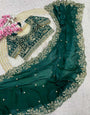 Elegant Dark Green Embroidery Work Fancy Silk Saree With Demure Full Stitched Blouse