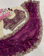Enthralling Purple Embroidery Work Fancy Silk Saree With Desuetude Full Stitched Blouse