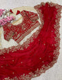 Fugacious Red Embroidery Work Fancy Silk Saree With Amazing Full Stitched Blouse
