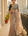 Ethereal Beige Embroidery Work Jimmy Choo Silk Saree With Flamboyant Full Stitched Blouse