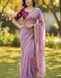 Appealing Lavender Embroidery Work Jimmy Choo Silk Saree With Engrossing Full Stitched Blouse