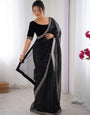 Quintessential Black Twill Net Embroidery Work Saree With Velvet Blouse Piece