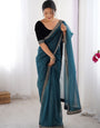 Gratifying Rama Twill Net Embroidery Work Saree With Velvet Blouse Piece