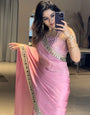 Seraglio Pink Satin Silk Mirror Work Saree With Stunner Blouse Piece