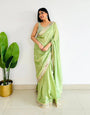 Lustrous Pista Satin Silk Mirror Work Saree With Enchanting Blouse Piece