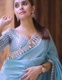 Tremendous Sky Satin Silk Mirror Work Saree With Ebullience Blouse Piece