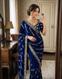 Enticing Navy Blue Fendy Silk Sequence Embroidery Work Saree With Stitched Blouse
