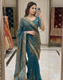 Flameboyant Blue Fendy Chiffon Silk Sequence Embroidery Work Saree With Stitched Blouse