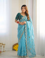 Propinquity Sky Fendy Silk Sequence Embroidery Work Saree With Stitched Blouse