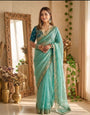 Energetic Turquoise Fendy Silk Sequence Embroidery Work Saree With Stitched Blouse