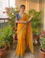Zephyr Yellow Fendy Silk Sequence Embroidery Work Saree With Stitched Blouse