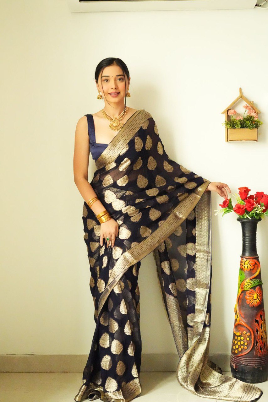 Skinny 1-Minute Ready To Wear Black Cotton Silk Saree