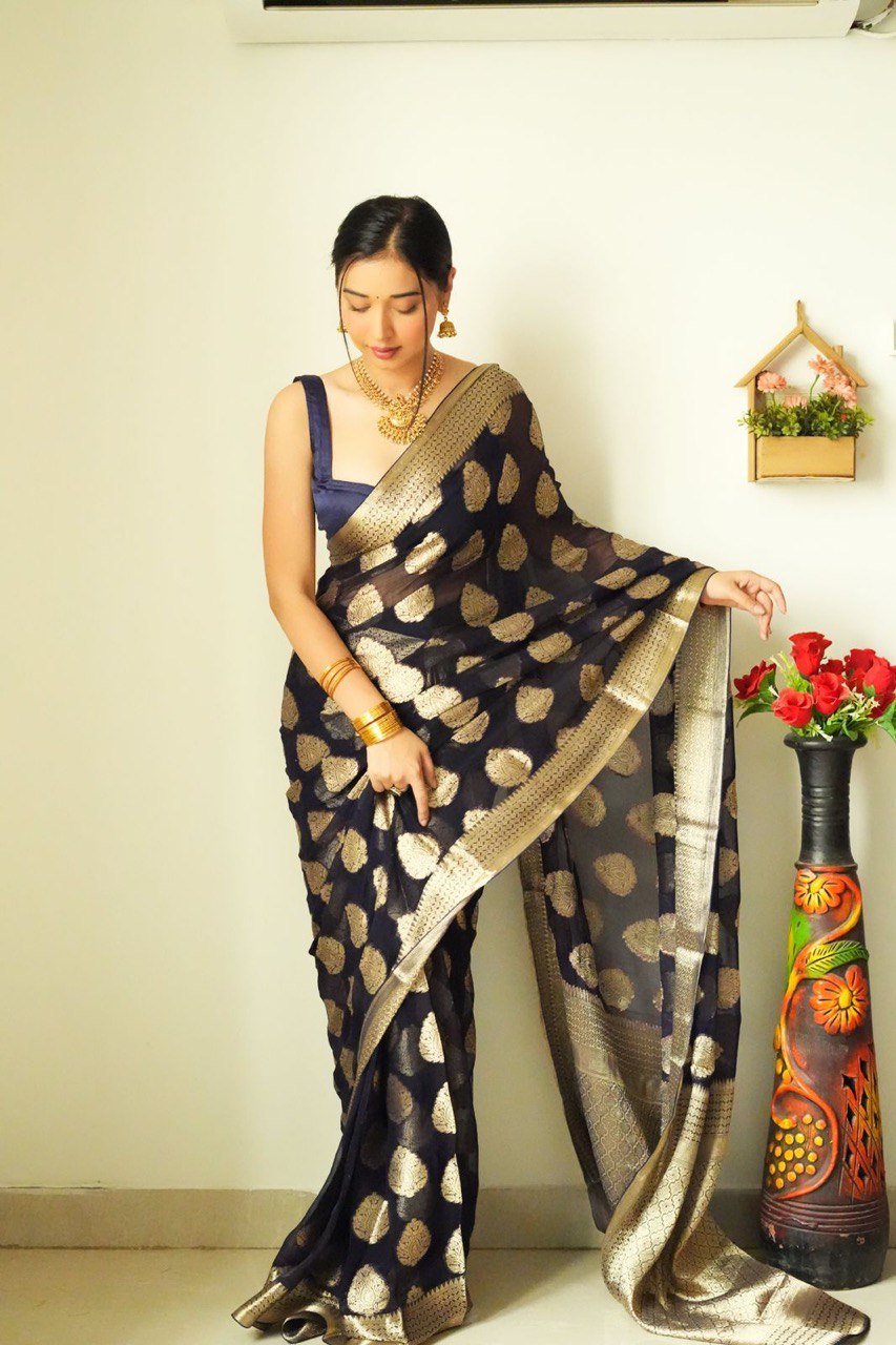 Skinny 1-Minute Ready To Wear Black Cotton Silk Saree