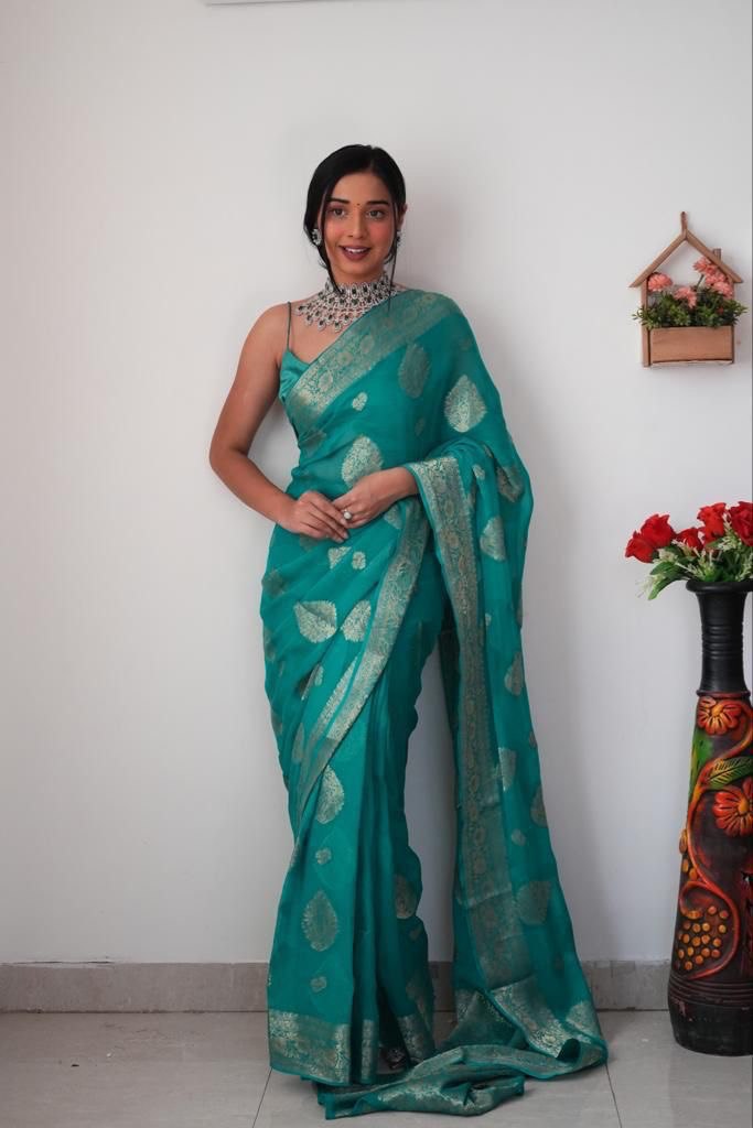 Brood 1-Minute Ready To Wear Sea Green Cotton Silk Saree