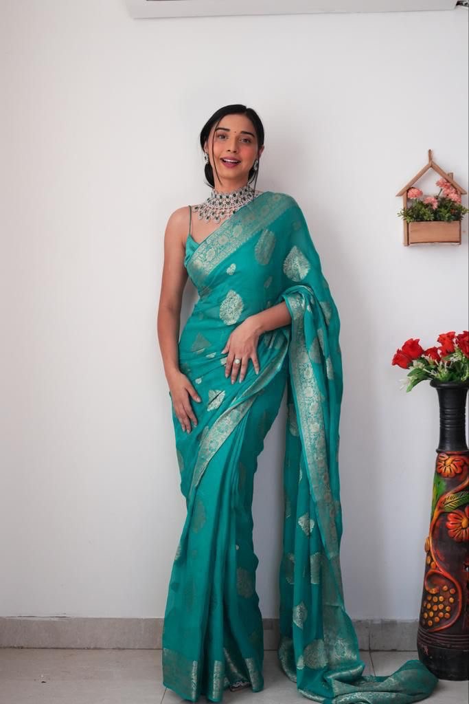 Brood 1-Minute Ready To Wear Sea Green Cotton Silk Saree