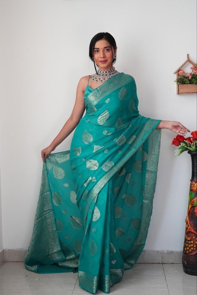 Brood 1-Minute Ready To Wear Sea Green Cotton Silk Saree