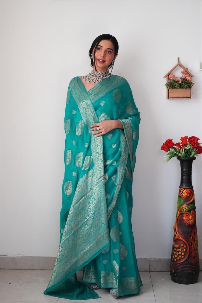 Brood 1-Minute Ready To Wear Sea Green Cotton Silk Saree