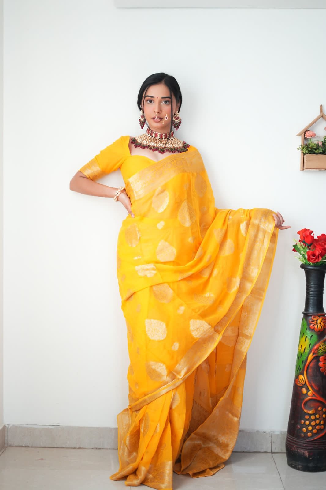 Impressive 1-Minute Ready To Wear Yellow Cotton Silk Saree