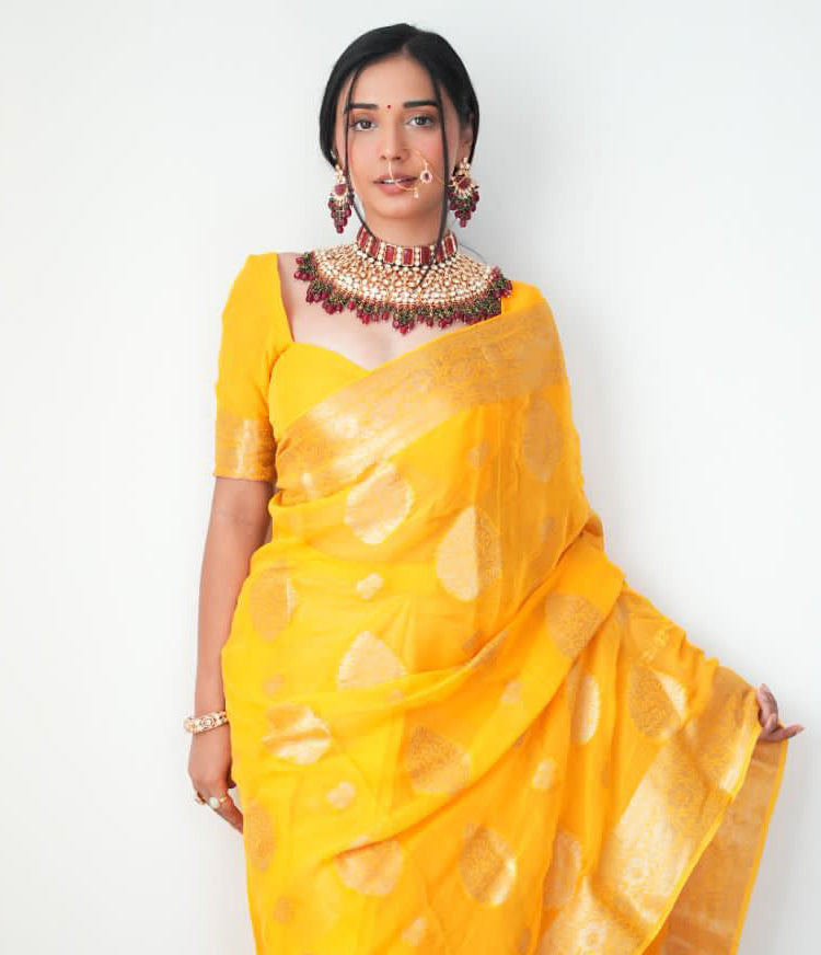 Impressive 1-Minute Ready To Wear Yellow Cotton Silk Saree