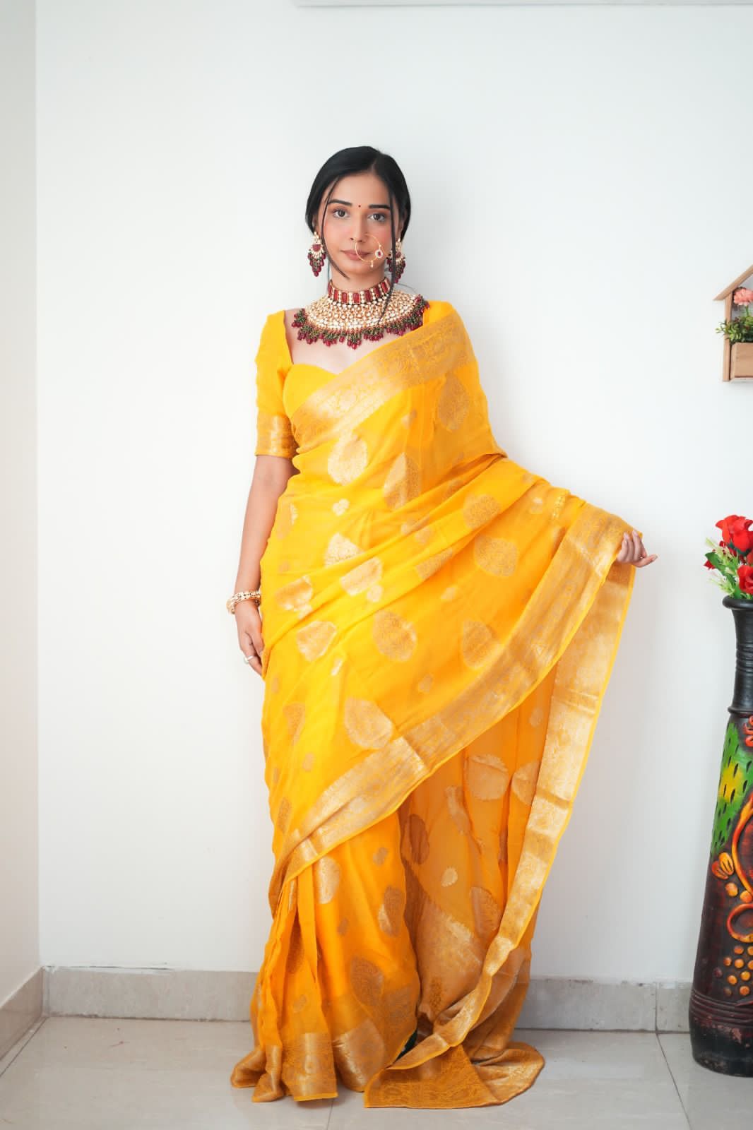 Impressive 1-Minute Ready To Wear Yellow Cotton Silk Saree
