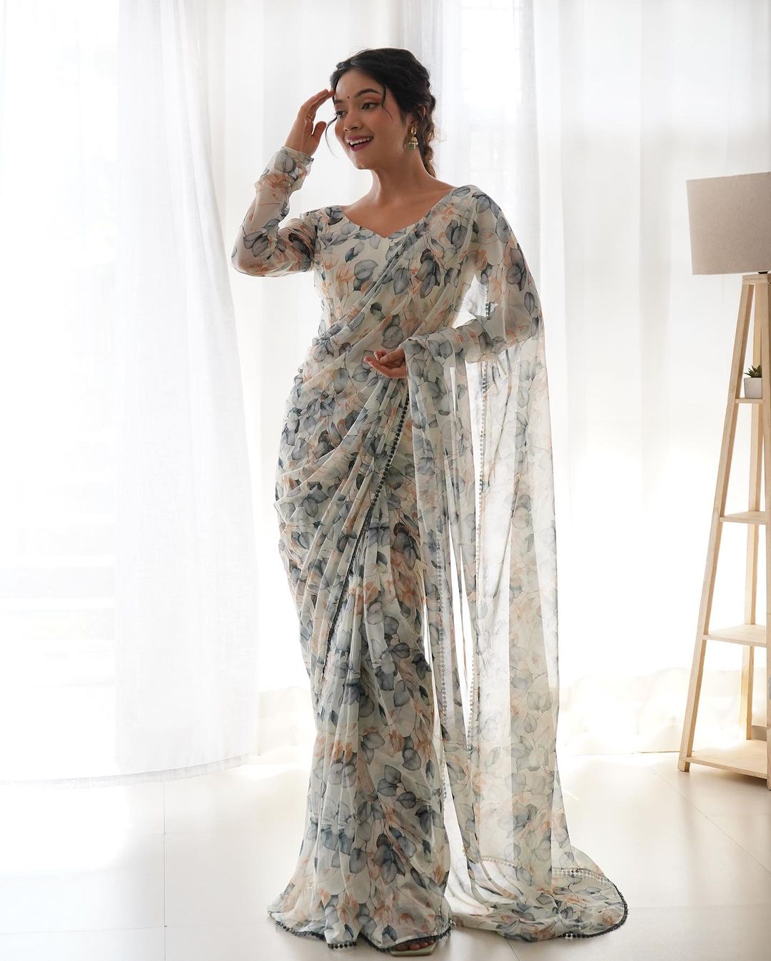 Demesne 1-Minute Ready To Wear White Georgette Saree