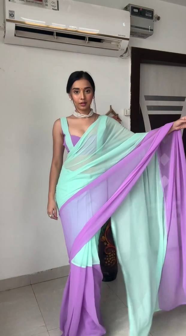 Majestic 1-Minute Ready To Wear Firozi And Purple Georgette Saree