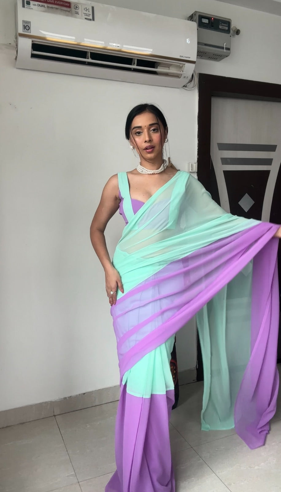 Majestic 1-Minute Ready To Wear Firozi And Purple Georgette Saree