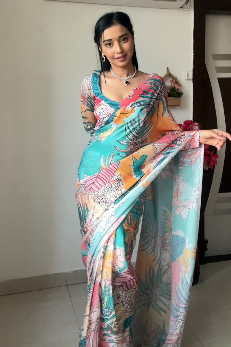 Snappy 1-Minute Ready To Wear Multicolor Printed Georgette Saree