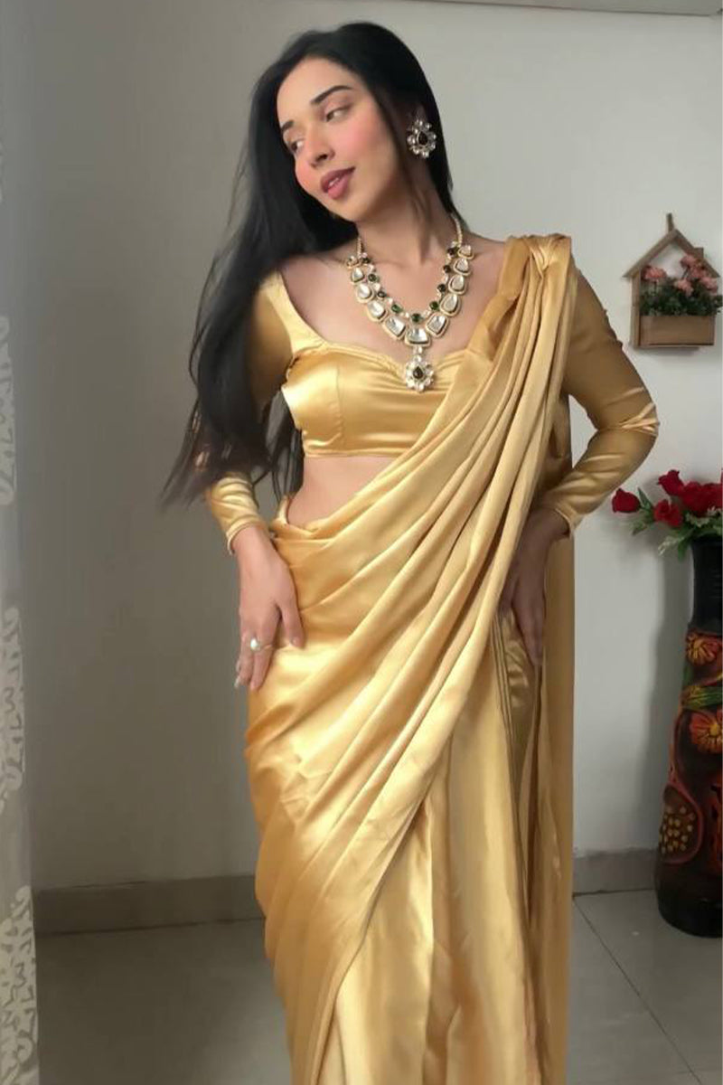Designer 1-Minute Ready To Wear Beige Satin Silk Saree
