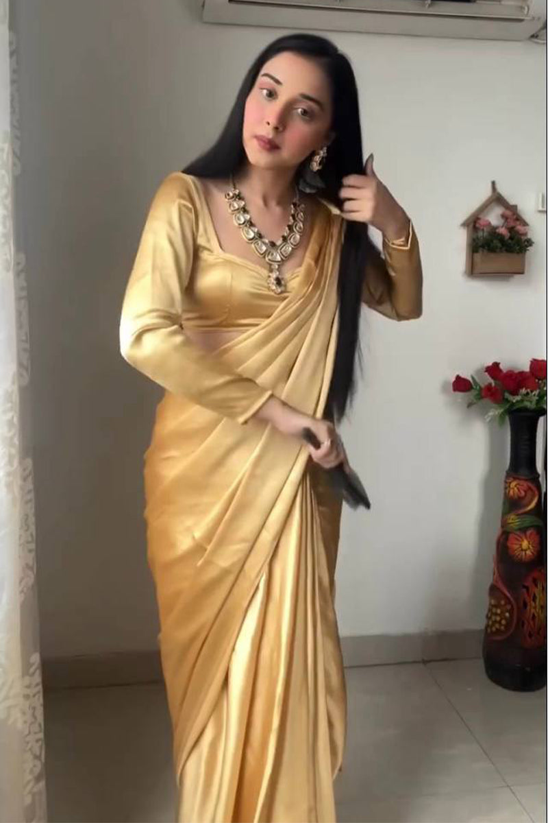 Designer 1-Minute Ready To Wear Beige Satin Silk Saree