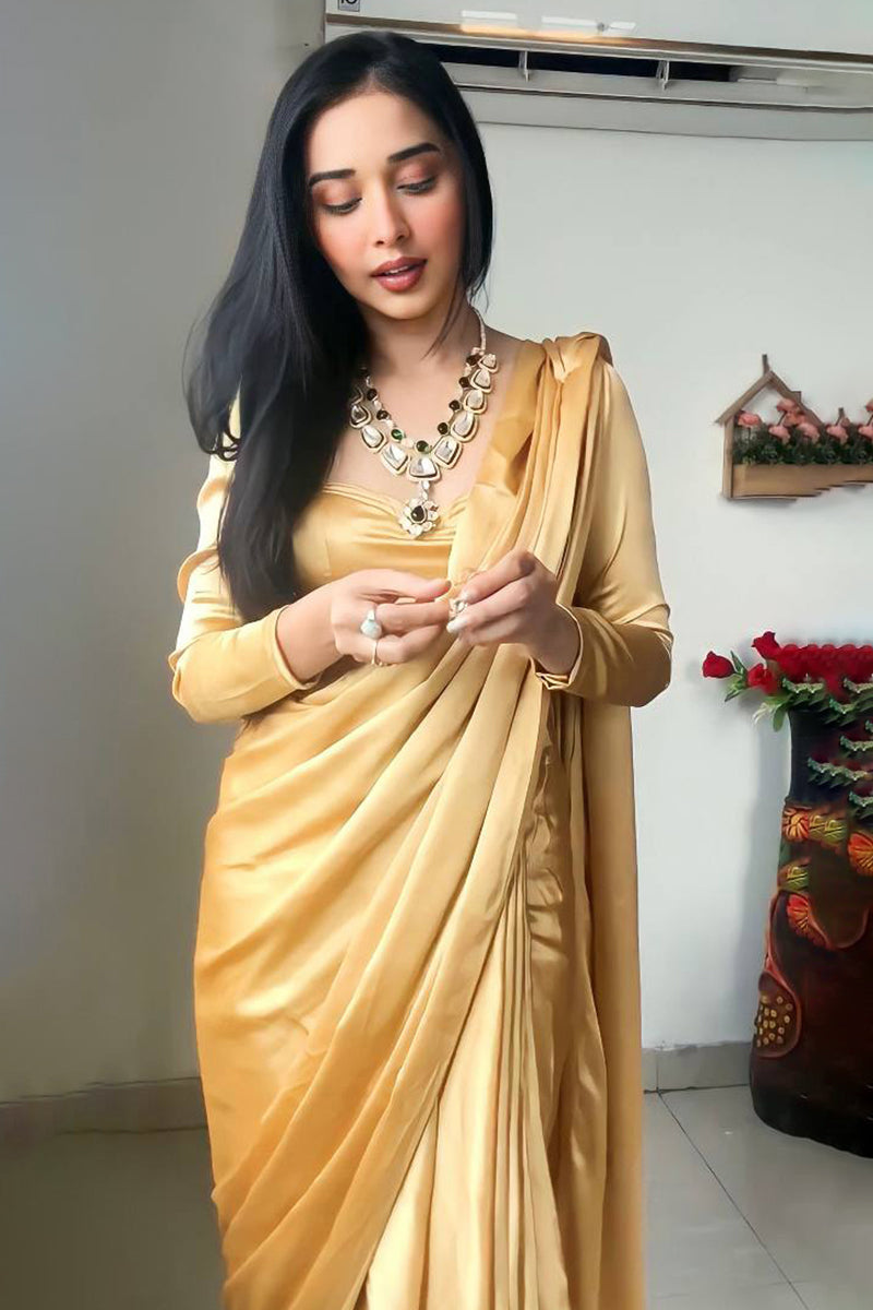 Designer 1-Minute Ready To Wear Beige Satin Silk Saree
