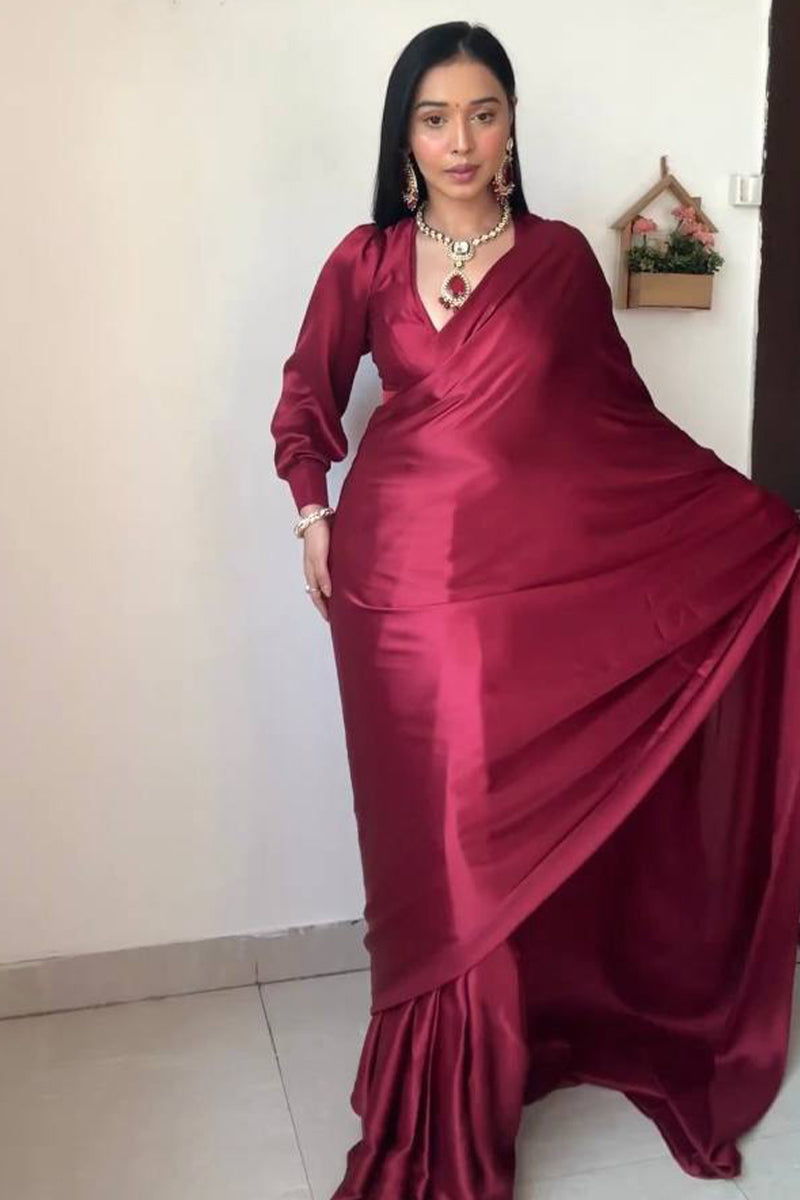 Beauteous 1-Minute Ready To Wear Dark Pink Satin Silk Saree