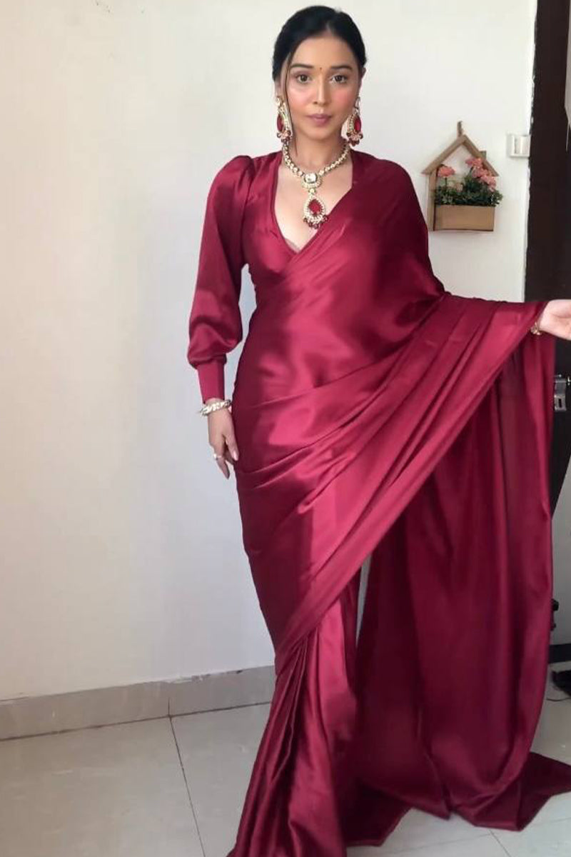 Beauteous 1-Minute Ready To Wear Dark Pink Satin Silk Saree