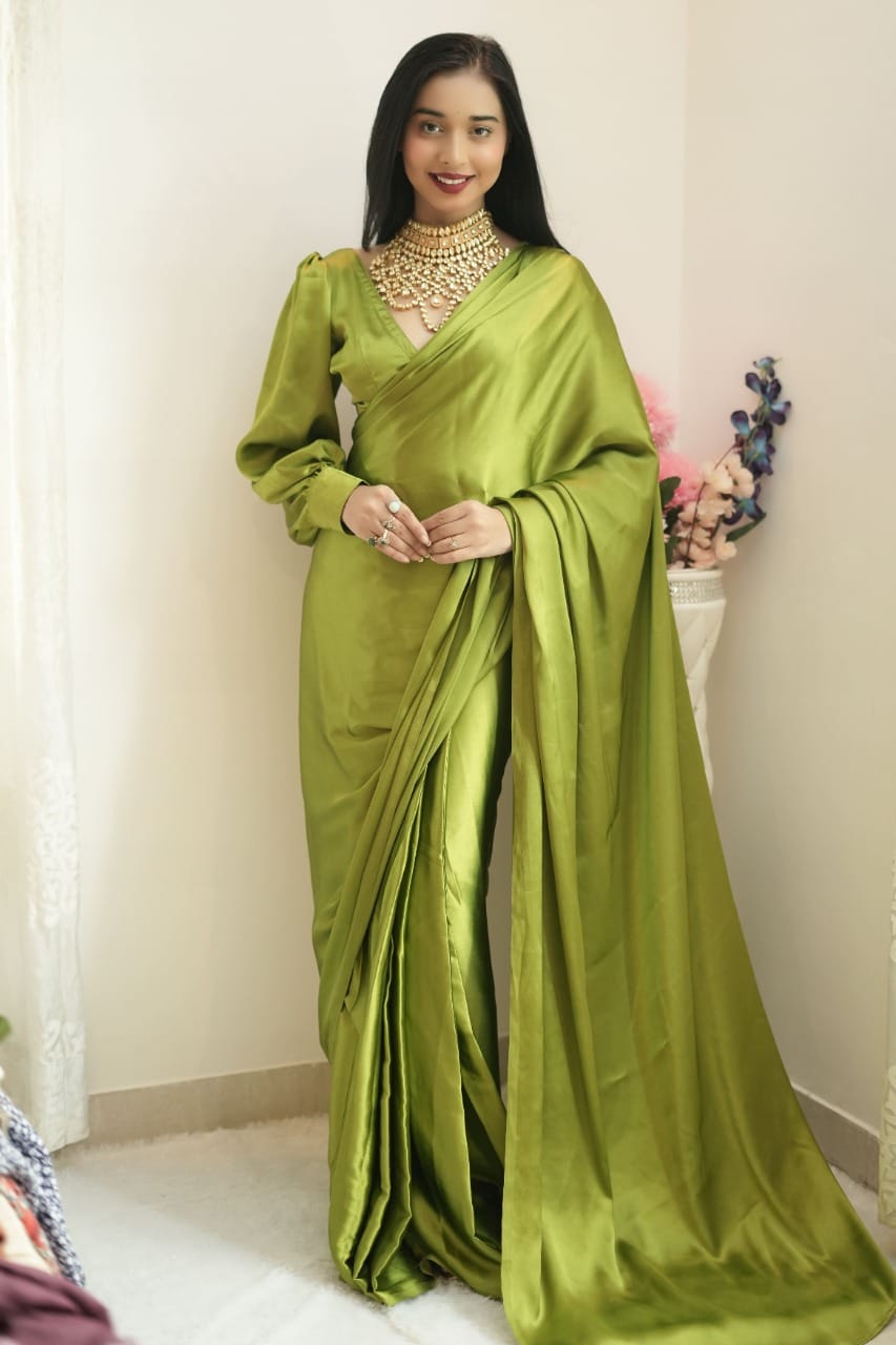 Opulent 1-Minute Ready To Wear Green Satin Silk Saree