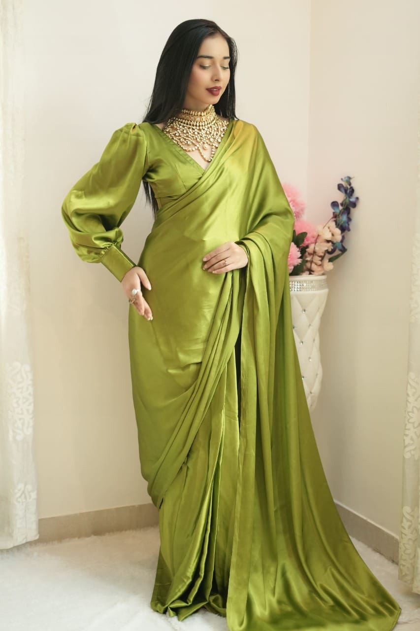 Opulent 1-Minute Ready To Wear Green Satin Silk Saree