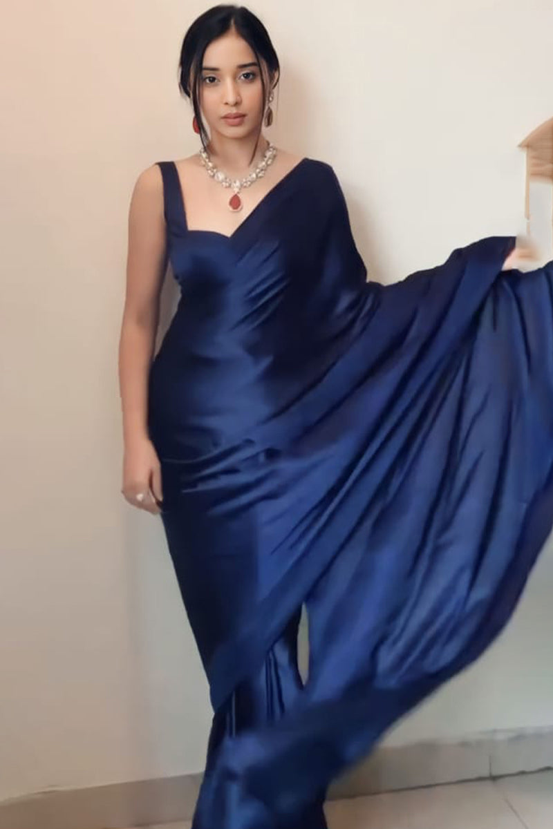 Adorning 1-Minute Ready To Wear Navy Blue Satin Silk Saree