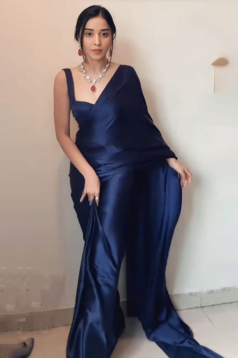Adorning 1-Minute Ready To Wear Navy Blue Satin Silk Saree