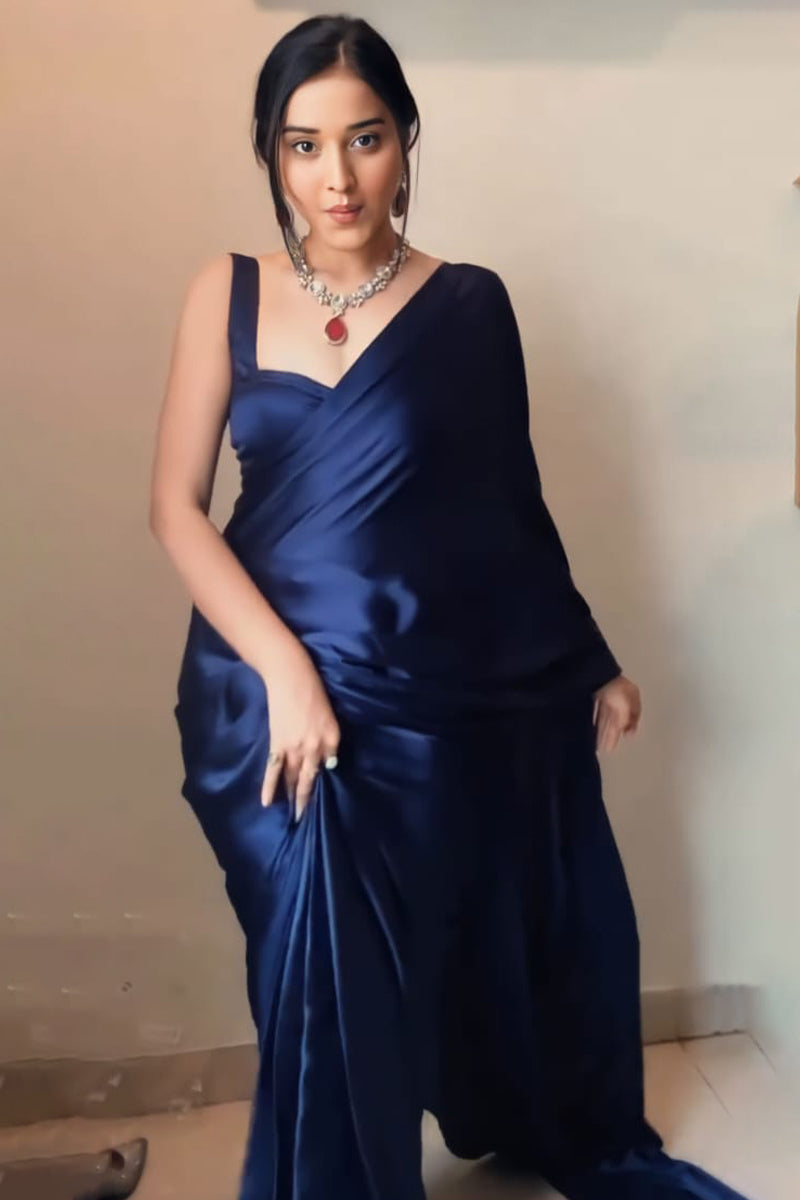 Adorning 1-Minute Ready To Wear Navy Blue Satin Silk Saree