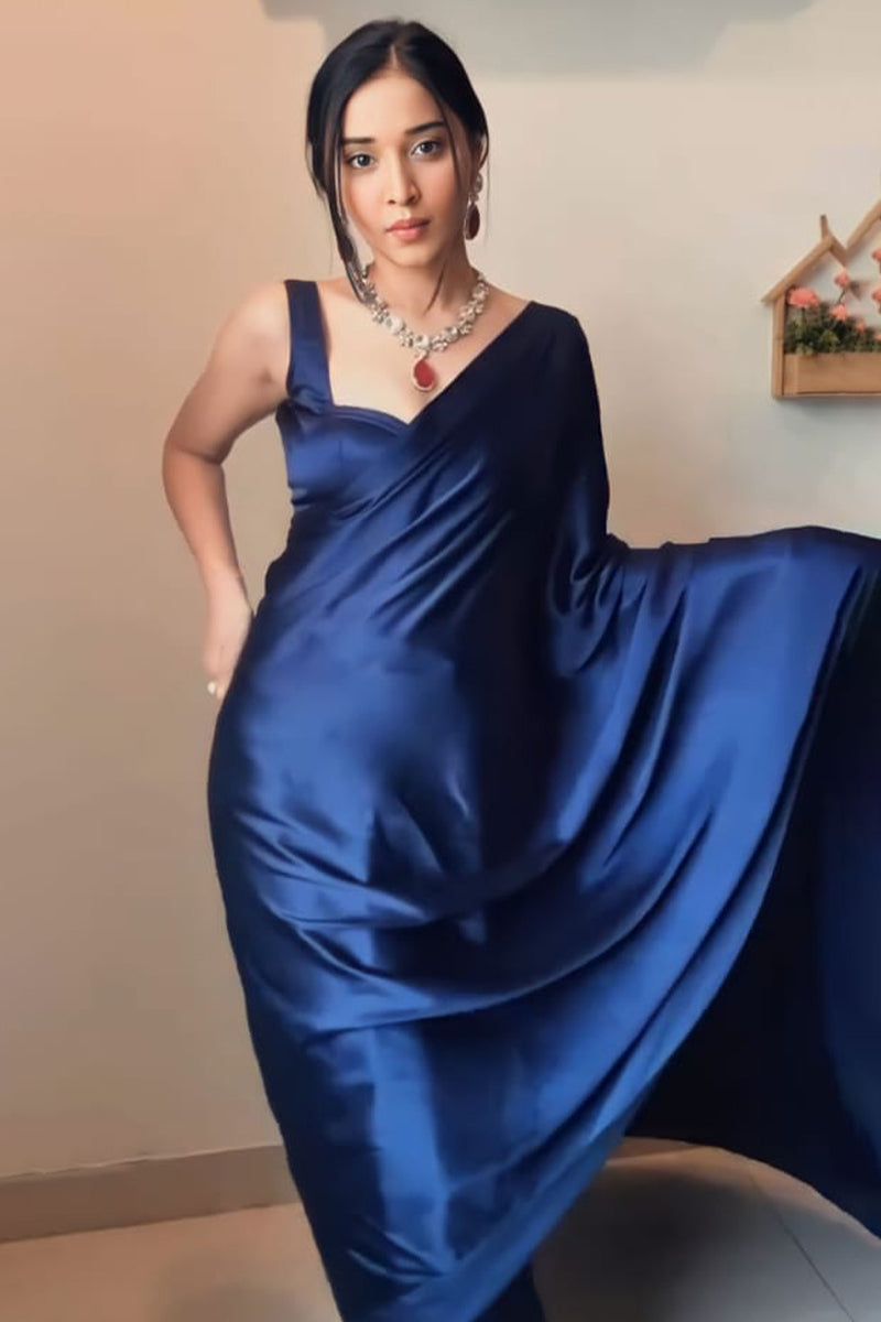 Adorning 1-Minute Ready To Wear Navy Blue Satin Silk Saree