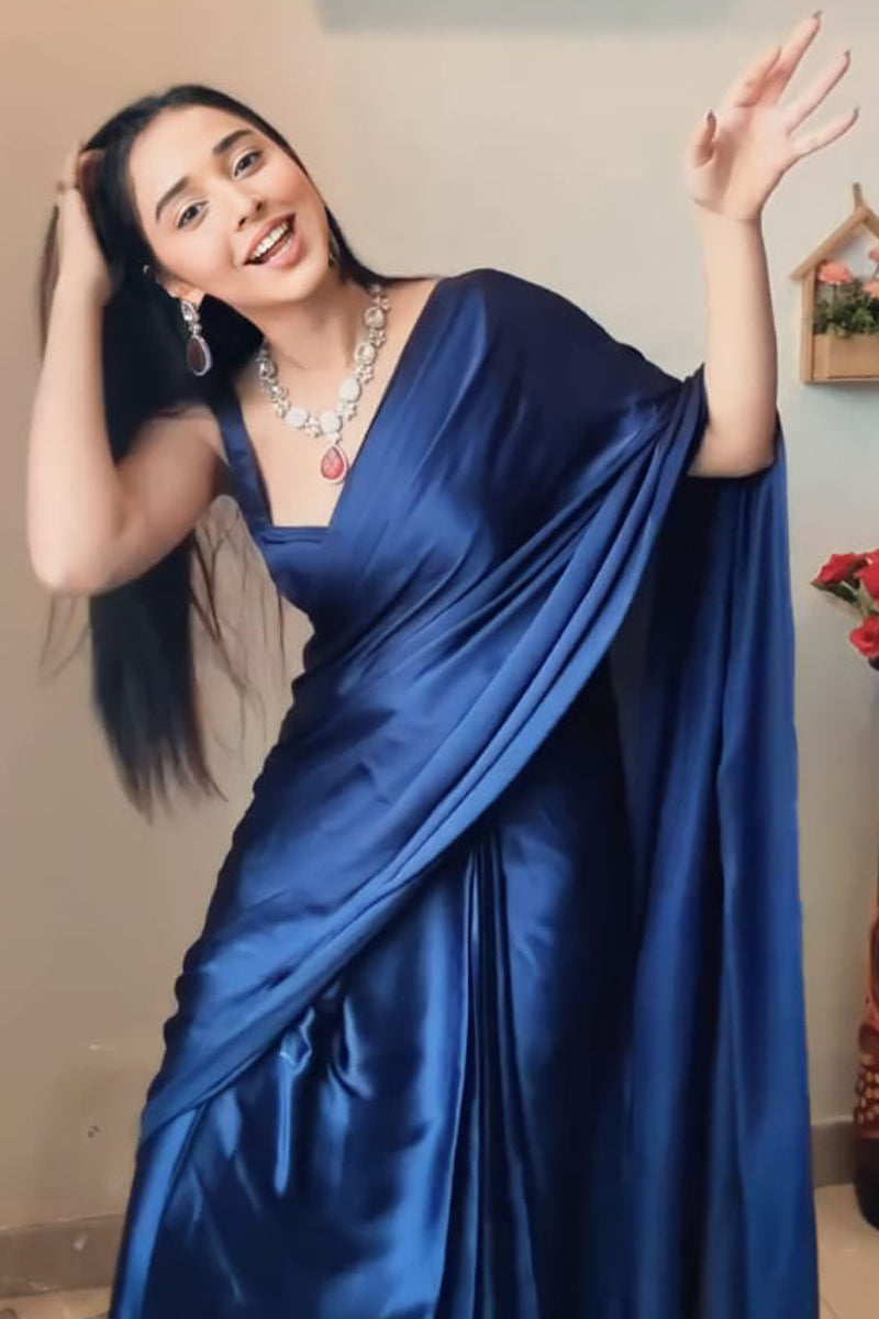 Adorning 1-Minute Ready To Wear Navy Blue Satin Silk Saree