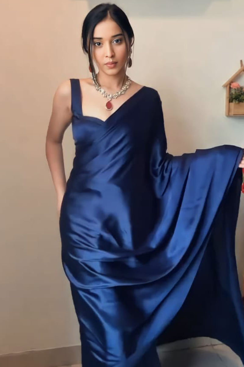 Adorning 1-Minute Ready To Wear Navy Blue Satin Silk Saree